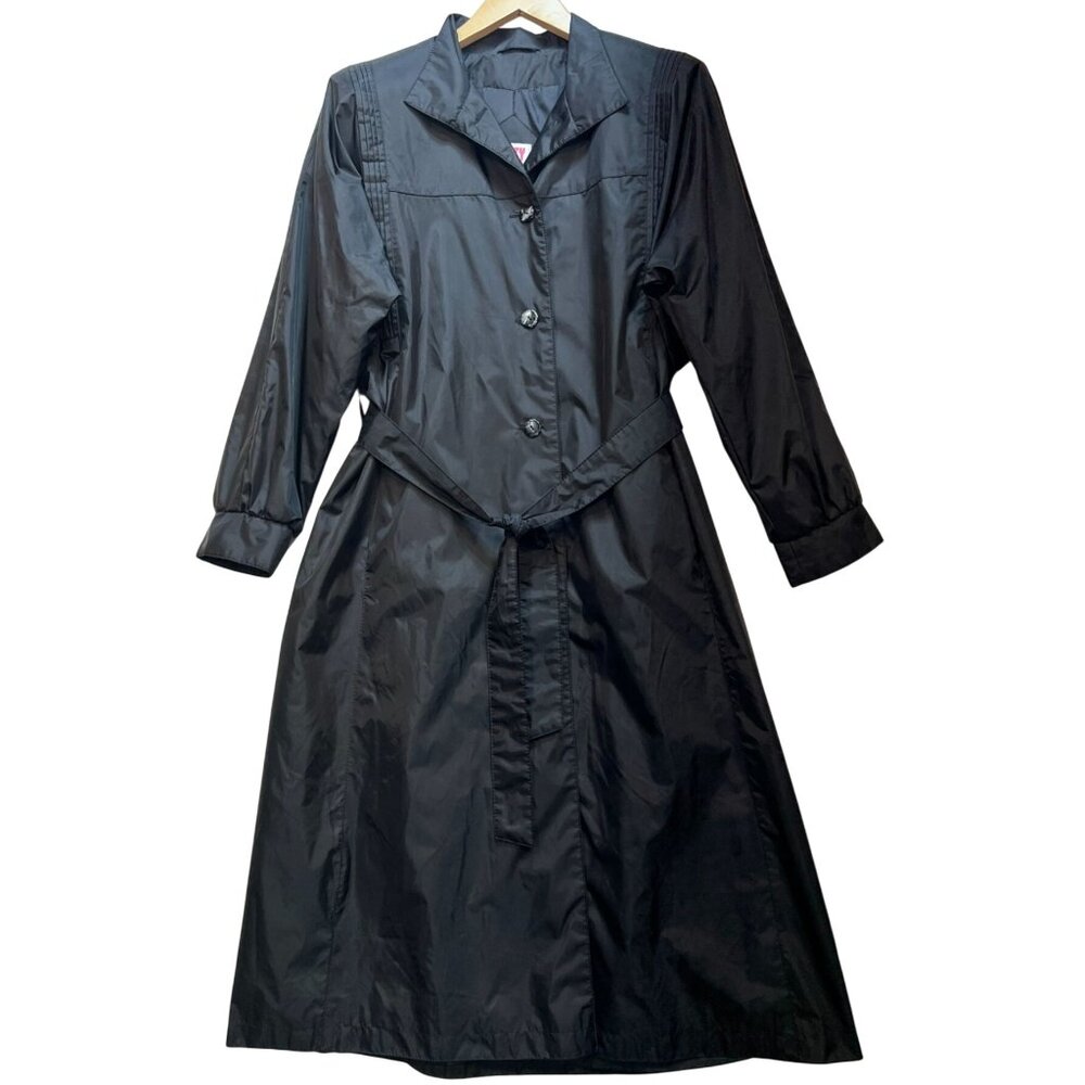 Misty Weather Women's Windbreaker Long Jacket Size 7/8 Black Button Up Belted